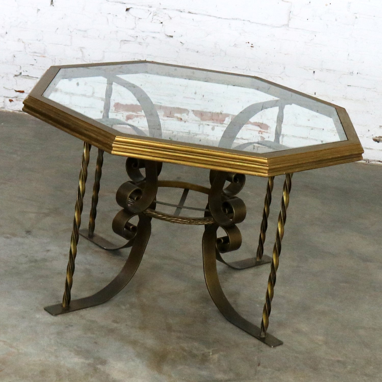 Hollywood Regency Wrought Iron Dining Table With Octagon Gilded Wood Hollywood Regency Wrought Iron Dining Table With Octagon Gilded Wood Rimmed Glass Top