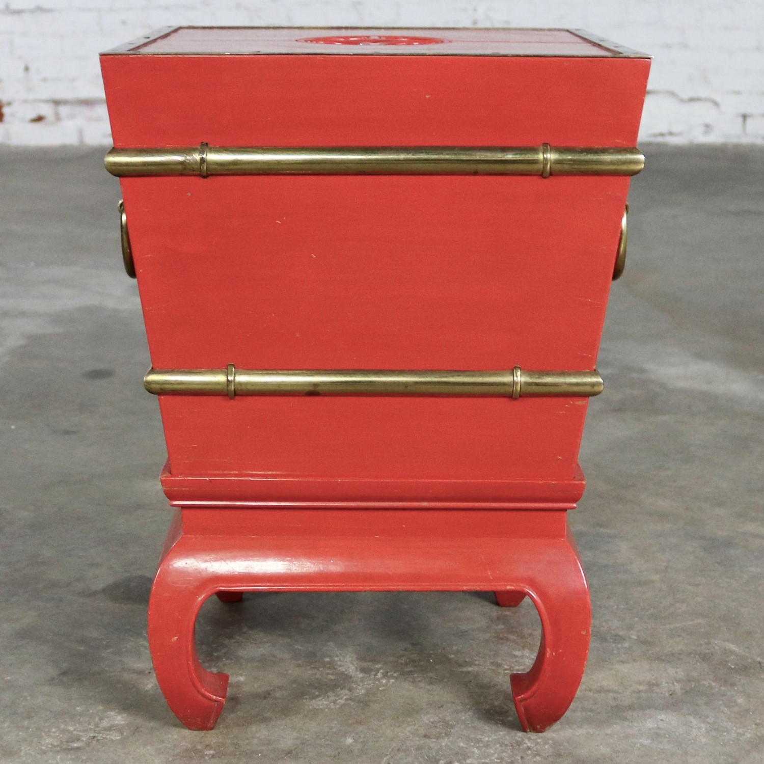 Chinese Red Lacquer And Brass Accent Table Removable Ice Chest Style Chinese Red Lacquer And Brass Accent Table Removable Ice Chest Style On Hoof Foot Base
